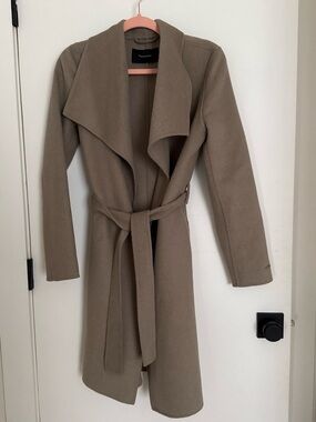 Tahari Taupe Belted Drape-Front Trench Coat